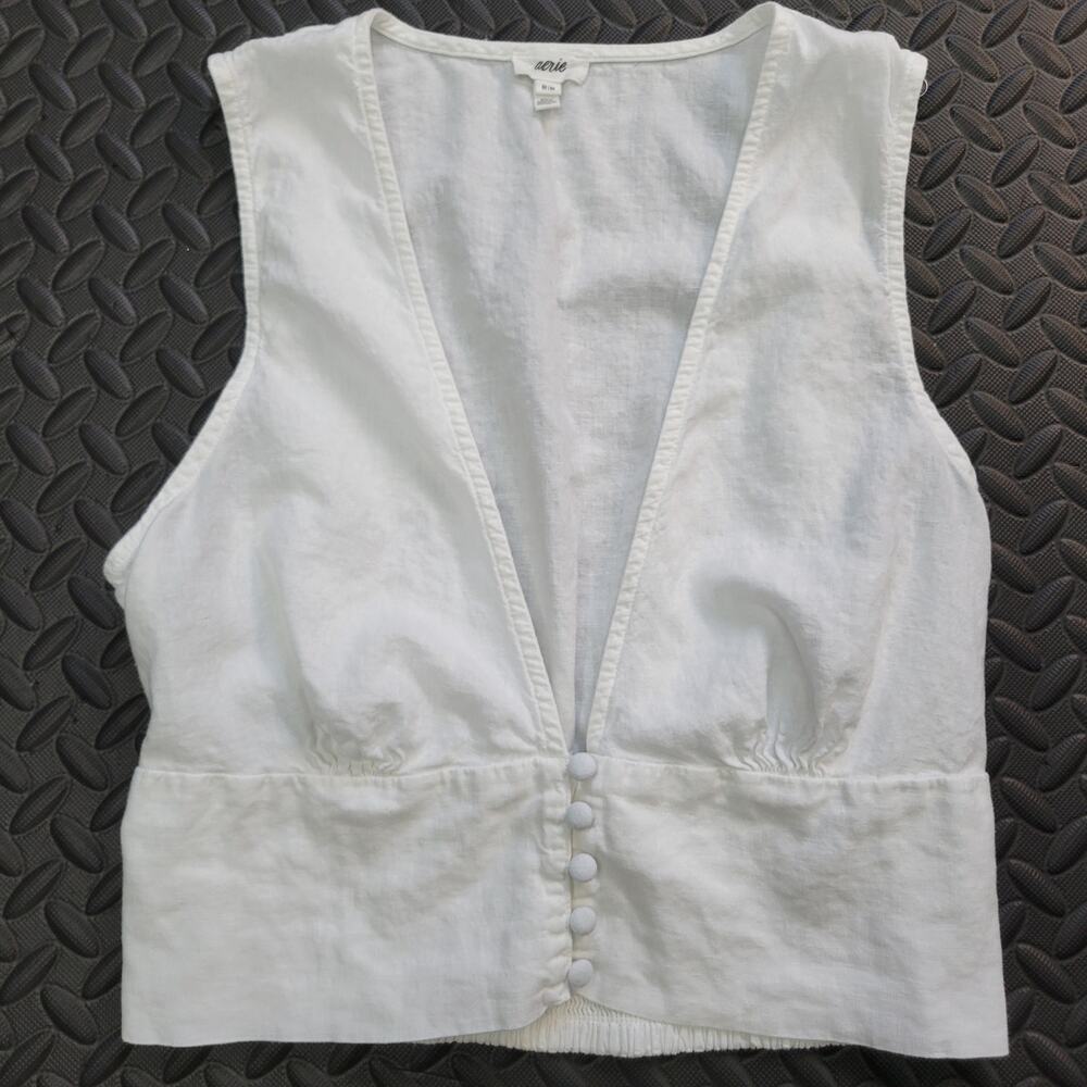Aerie Linen Blend Button up Smocked Crop Top Vacation Beach Resortwear Summer